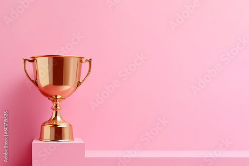 Winner or champion golden trophy cup on pink background. Victory first place, winning a competition, championship trophy. Minimal win and success concept, copy space for text. AI generated