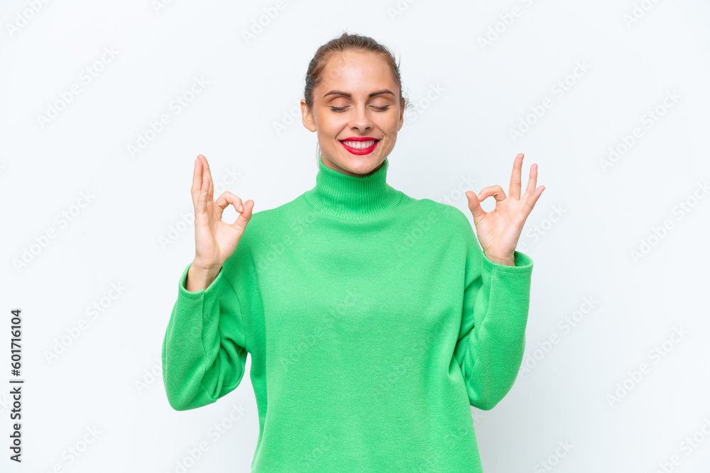Young caucasian woman isolated on white background in zen pose Young caucasian woman isolated on white background in zen pose