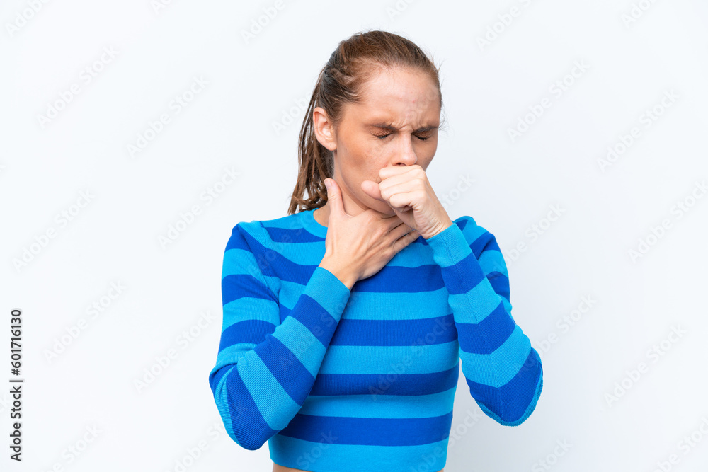 Young caucasian woman isolated on white background coughing a lot Young caucasian woman isolated on white background coughing a lot