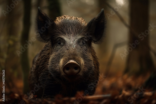 Image of a wild boar in the forest on natural background. Wild Animals. illustration. Generative AI.