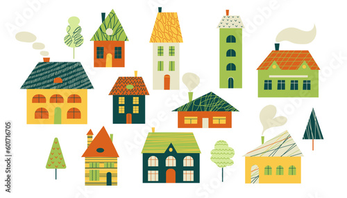 Set of small houses and trees. Paper cut style. Hand drawn fashion illustration. Big color vector set. Flat design.