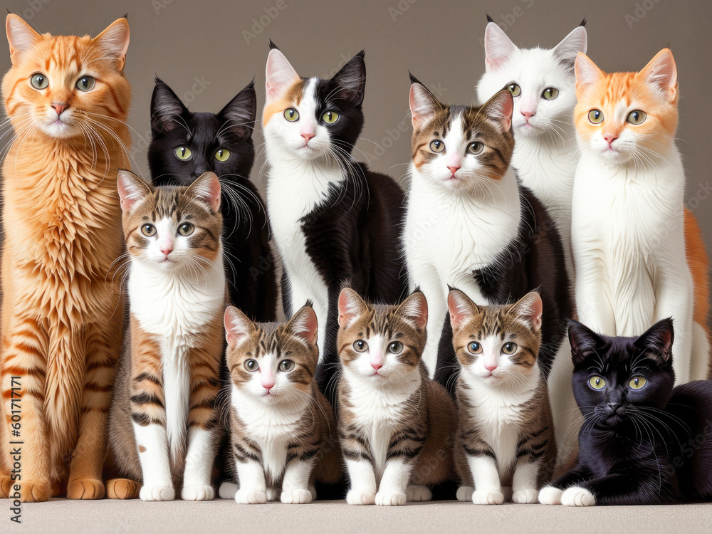 Row of Cats and Kittens Horizontal Web Banner. Adorable cats. A lot of different cats. Generative AI