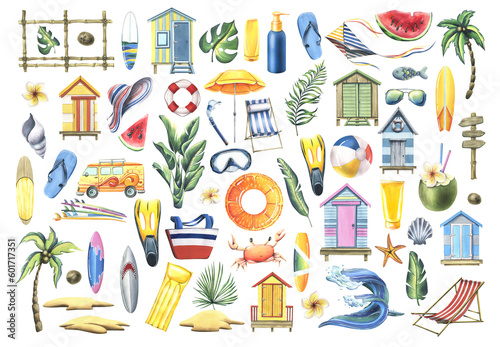 A large set of pictures with beach cabins, surfboards, summer vacation and vacation accessories. Watercolor illustration, hand drawn. Isolated objects on a white background.