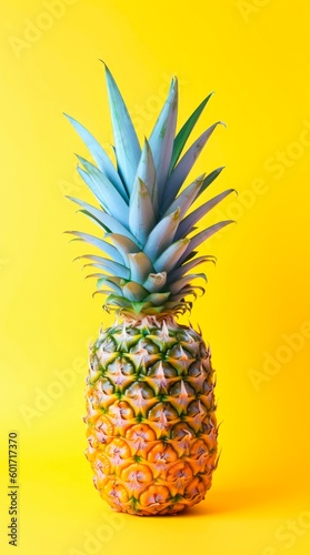 Pineapple on bright yellow background. Generative AI.