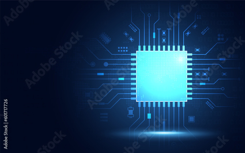 Futuristic chipset processor with circuit board digital transformation abstract technology background. Innovative tech and artificial intelligence cloud computing concept. Vector illustration photo