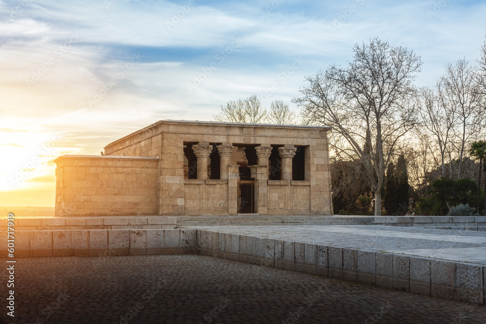 Temple of Debod at sunset - ancient Egyptian temple at La Montana Park - Madrid, Spain