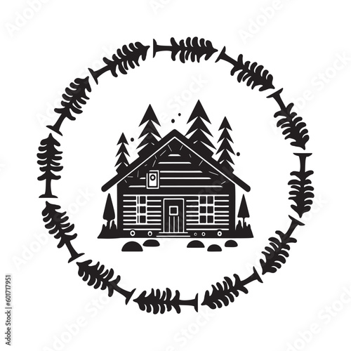 Wooden log cabin in scandi linocut style vector illustration. Alpine cottage in country holiday village cartoon. 