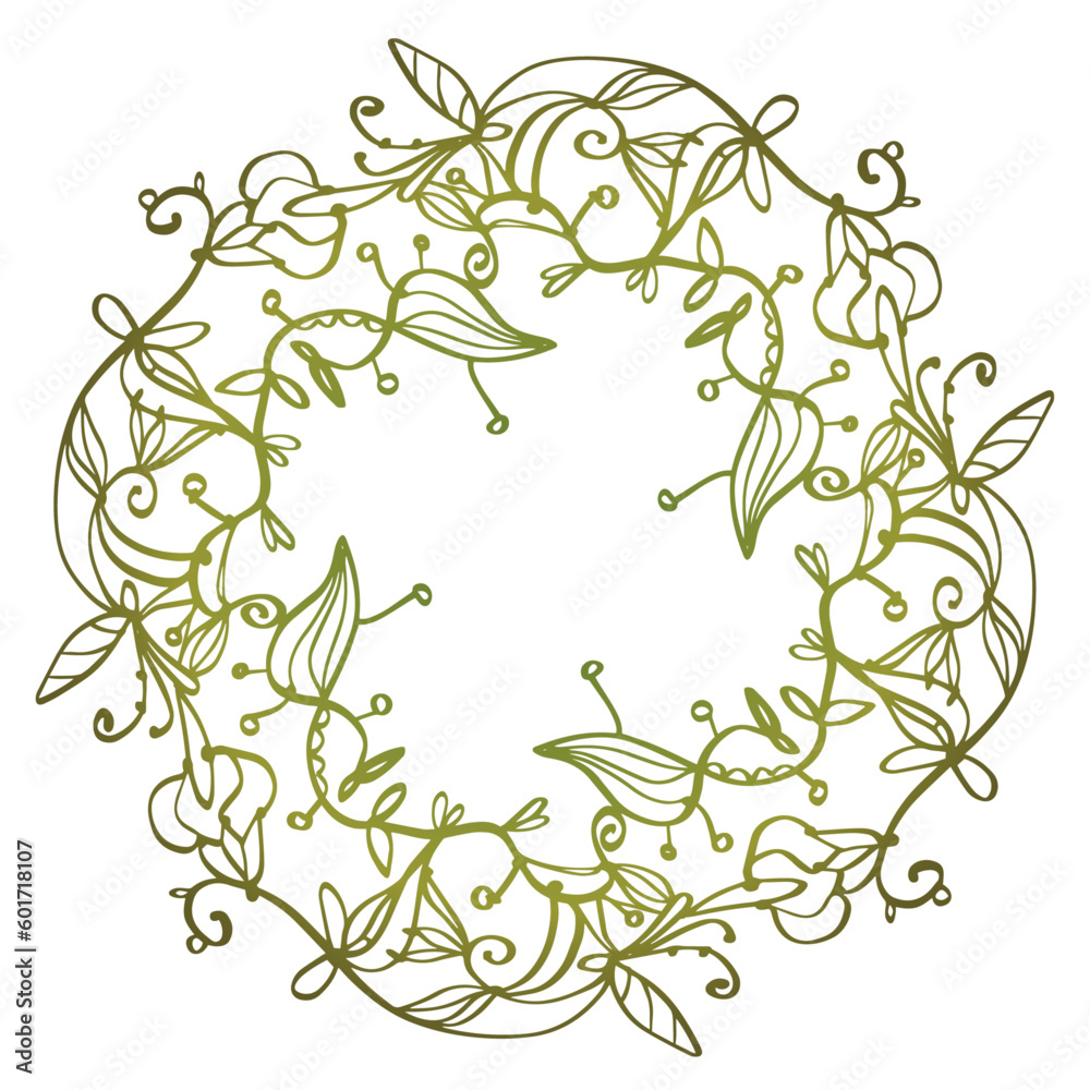 Golden-green vector decorative wreath with tender flowers - for wedding print or greeting card.