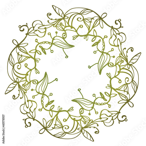 Golden-green vector decorative wreath with tender flowers - for wedding print or greeting card.