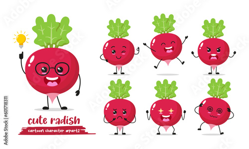 Radish cartoon with many expressions. different vegetable activity vector illustration flat design. smart Radish for children story book.