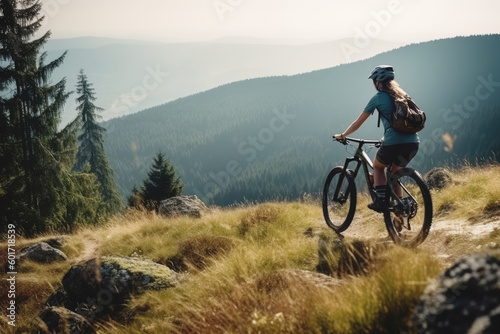 Young woman riding mountain bike in mountains, forest landscape