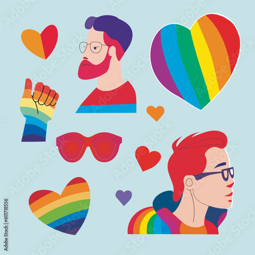 LGBTQ Pride Parade Set. Vector illustration of a gay pride parade. A group of people participating in the Pride parade. LGBT community