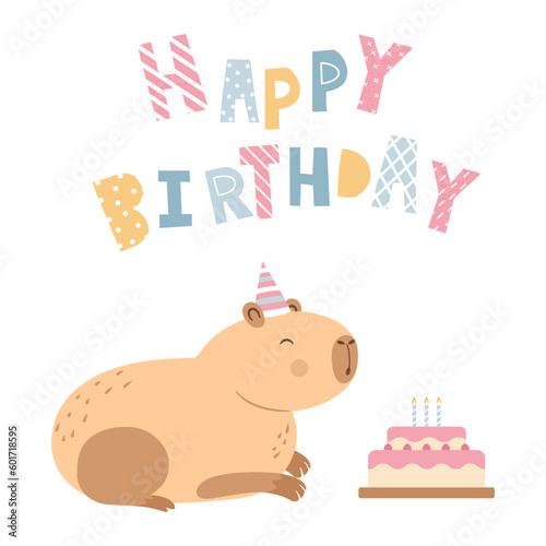 Capybara in a party hat, lettering happybirthday, greeting card, isolated on white background