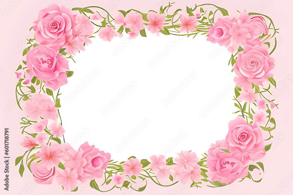 Pink roses frame on white background. Generative AI