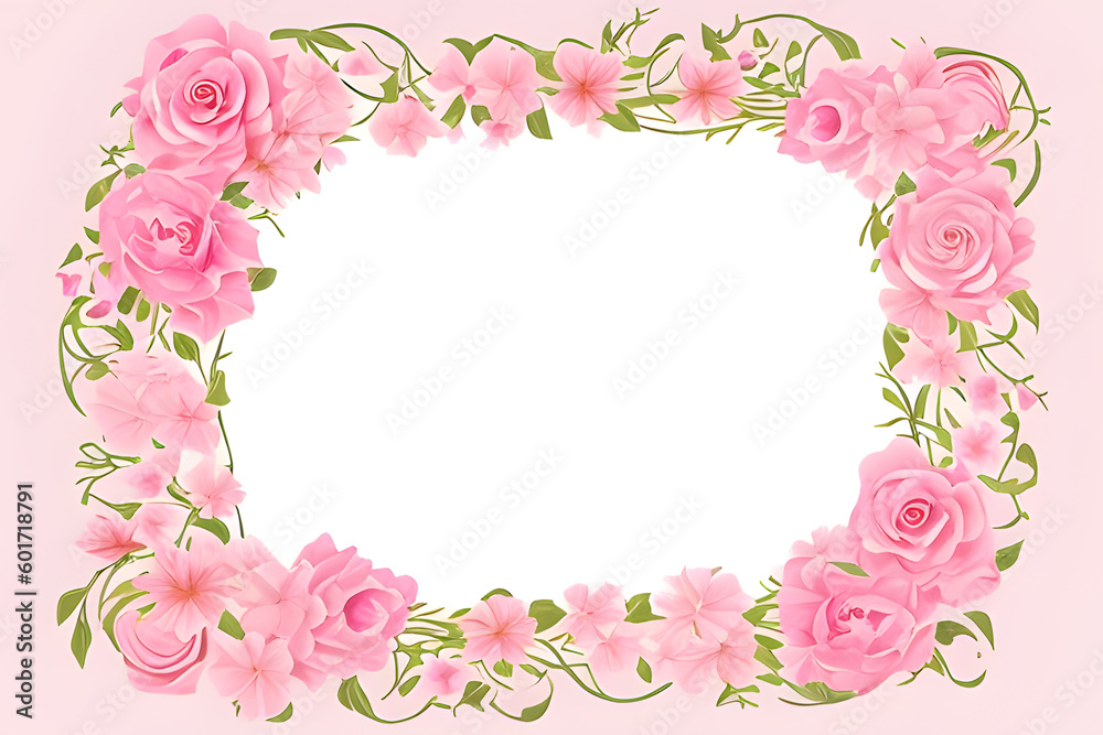 Pink roses frame on white background. Generative AI Pink roses frame on white background. Generative AI