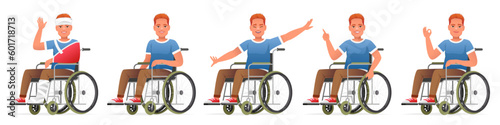 Set of happy disabled person in a wheelchair. Man with a bandaged head, in a cast, sits in a wheelchair, waves his hand, points to something, shows an OK gesture, flies.