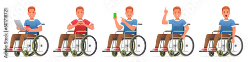 Set of happy disabled person in a wheelchair. Man sits in a wheelchair with a tablet and a glass of coffee, with a smartphone in his hand, points to something, in a panic