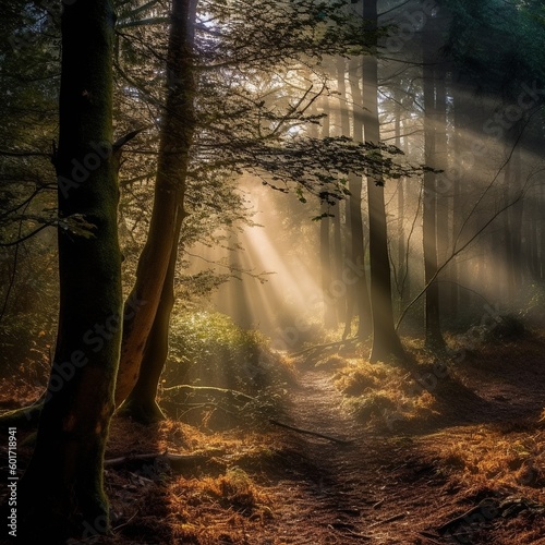 A beautiful image of the forest in the morning haze in the rays of the rising sun Generative AI