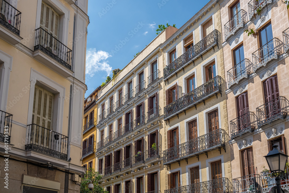 Traditional Spanish architecture - Building Facades with balconies - Madrid, Spain