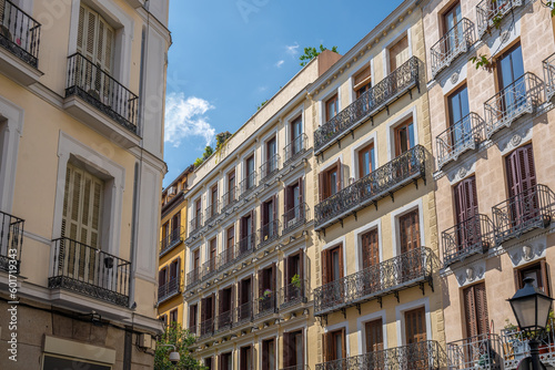 Traditional Spanish architecture - Building Facades with balconies - Madrid, Spain