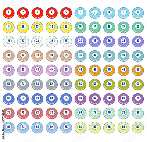 Bingo balls multi colour up to 90 balls. concept vector illustrations.