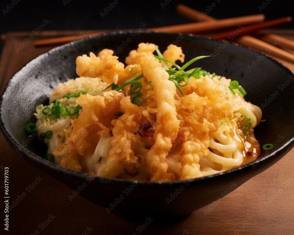 udon noodles with crispy tempura flakes and green onion garnish udon noodles with crispy tempura flakes and green onion garnish
