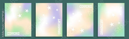 Set of four gradient vector backgrounds, y2k style covers, modern millennial colorful backdrops.