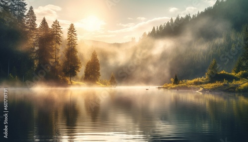 A beautiful forest lake with morning haze over the water in the rays of the morning sun. High quality illustration Generative AI © NeuroSky