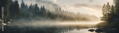 A beautiful forest lake with morning haze over the water in the rays of the morning sun. High quality illustration Generative AI