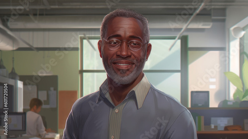Portrait of a dark-skinned adult man with gray hair, who is smiling and standing in a bright office. AI generated. Generative AI