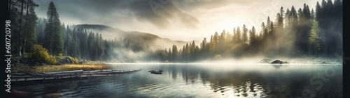 A beautiful forest lake with morning haze over the water in the rays of the morning sun. High quality illustration Generative AI