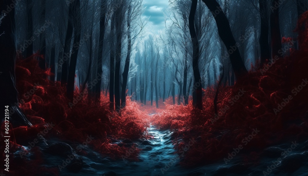 The gloomy forest is a blue forest with contrasting blood-red foliage. A dark image in the style of a thriller and a dark fantasy Generative AI