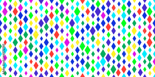 Harlequin bright multicolor uneven seamless pattern. Argyle classic fabric design. Diamond or lozenge simple background. Joker geometric vector wallpaper. Venetian rhombus carnival ornament.