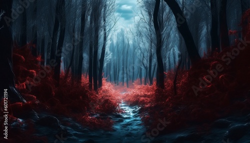 The gloomy forest is a blue forest with contrasting blood-red foliage. A dark image in the style of a thriller and a dark fantasy Generative AI