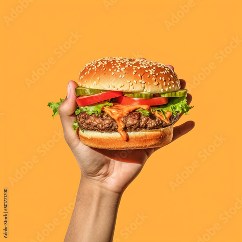 Hand picking up a hamburger. Generative AI.