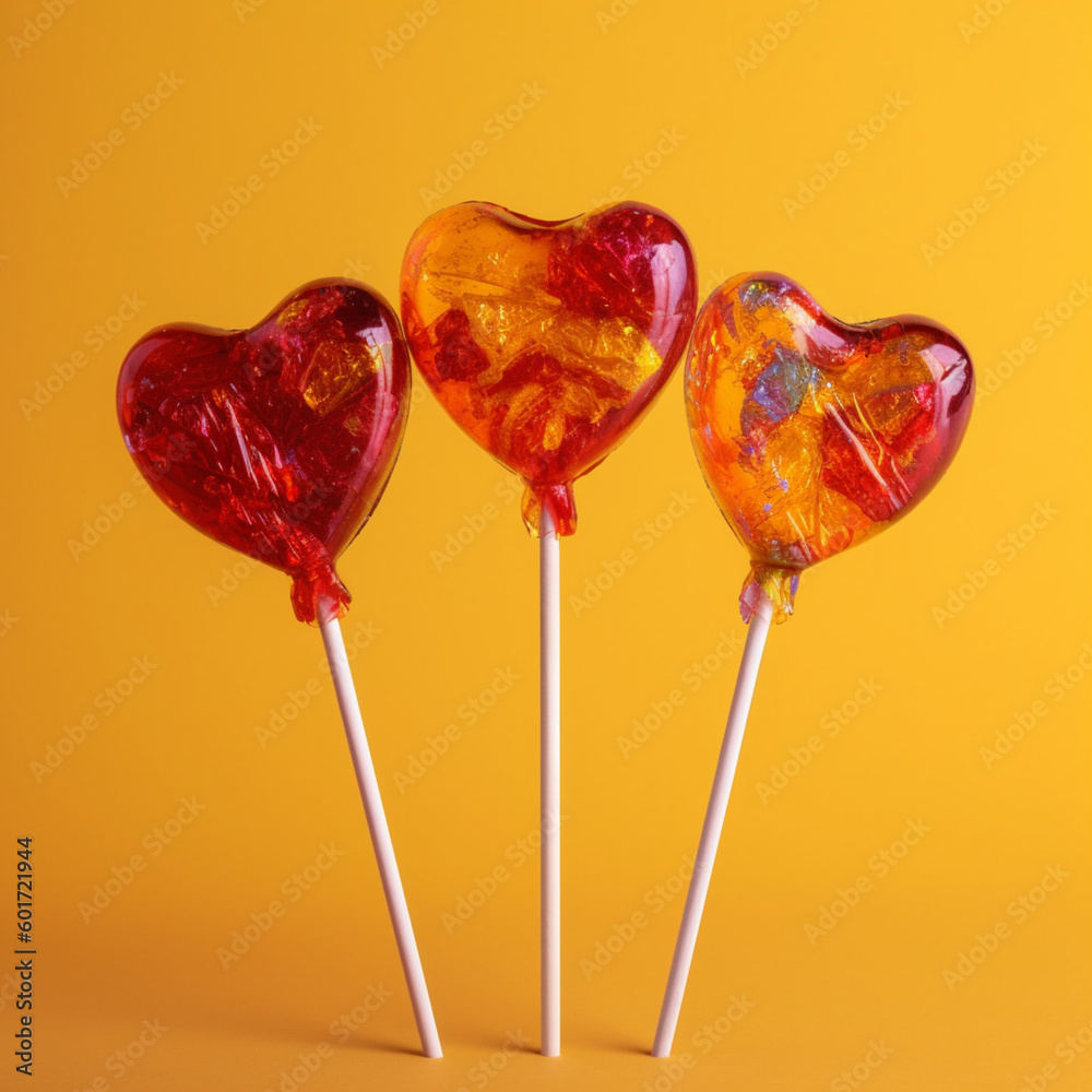 Heart shaped lollipops on a yellow background. Generative AI. Heart shaped lollipops on a yellow background. Generative AI.