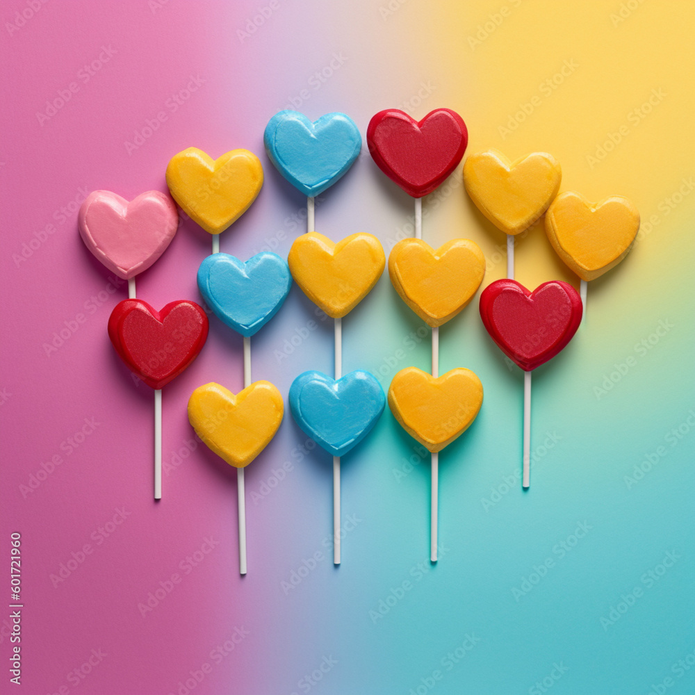 Heart shaped lollipops on a colourful background. Generative AI.