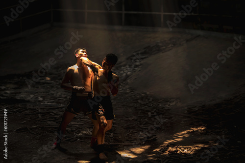 Muay Thai boxers fighting with elbow, Sport Thai Boxing