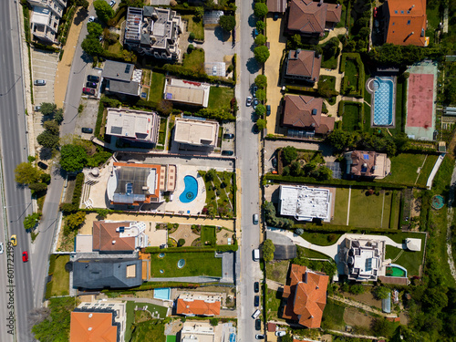 aerial view of s a modern residential neighborhood in Euxinograd, Varna. The sleek, stylish buildings are surrounded by greenery and offer stunning views of the Black Sea. photo