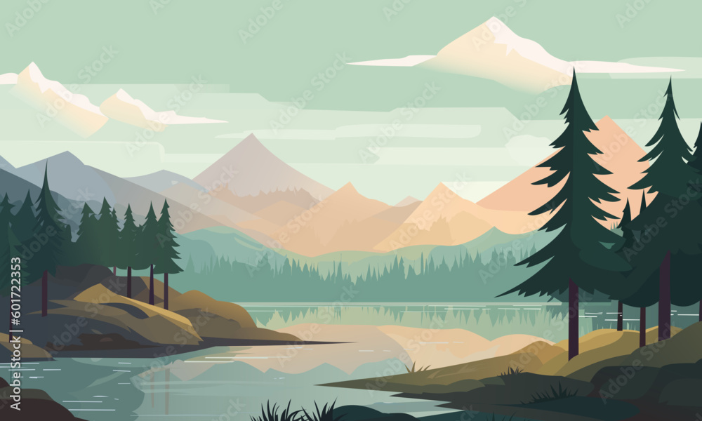 Beautiful vector landscape illustration, peaceful warm sunrise over mountains, lake and forest. The concept of travel, hiking, outdoor activities and adventure.  - obrazy, fototapety, plakaty 