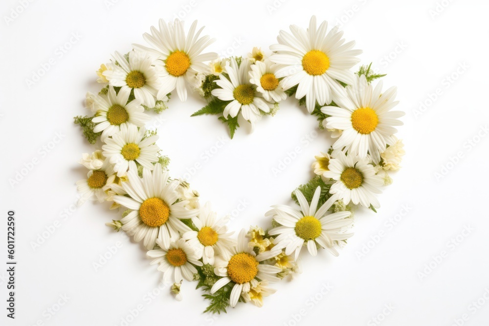 Obraz premium daisies forming shape of a heart on white background. flat lay, place for text. Peace. Heart shaped chamomile. High quality photo