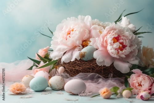 pink easter holiday flower blossom seasonal egg floral peony background spring. Generative AI.
