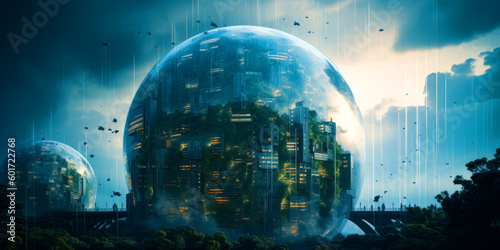 Futuristic city in sphere. Cyberspace future technologies. generative ai.