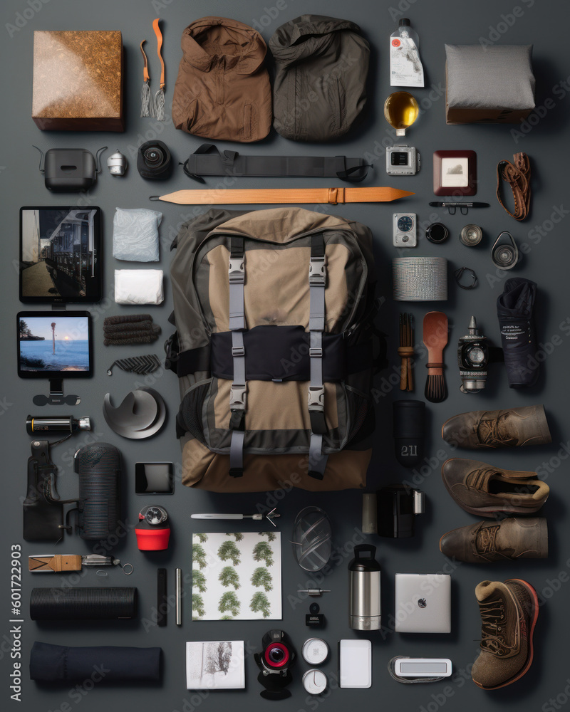Inventory for traveling in nature. Hiking tourism inventory. generative ai. Inventory for traveling in nature. Hiking tourism inventory. generative ai.