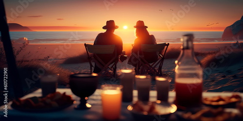A couple enjoying a romantic sunset picnic on the beach Generative AI