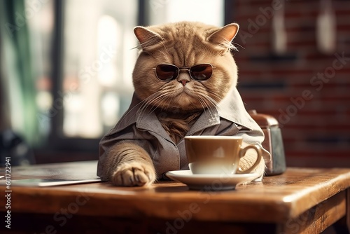 a cat drinking coffee with sunglasses. Generative AI