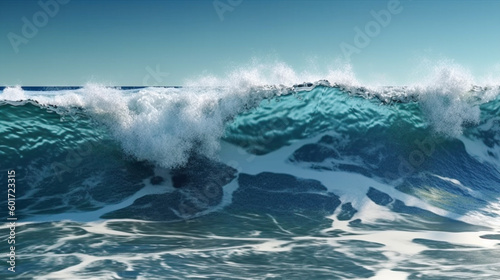 Close up of high sea wave and blue sky background. Generative Ai. © qOppi