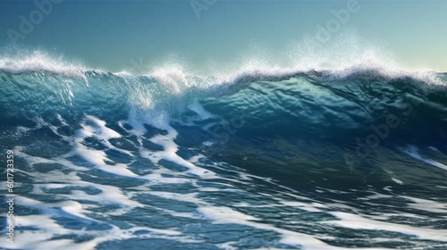 Close up of high sea wave and blue sky background. Generative Ai.