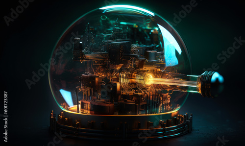 Glass bubble with futuristic tehcnologies inside. Glowing abstract globe. generative ai. photo