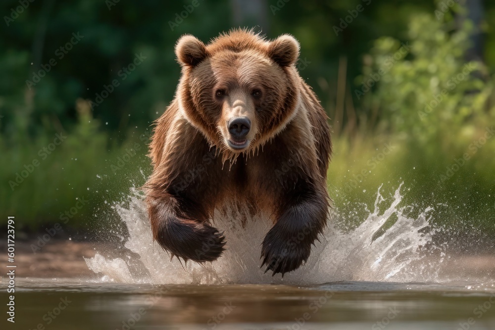 Large brown bear running through shallow water looking for fish. High quality photo Large brown bear running through shallow water looking for fish. High quality photo